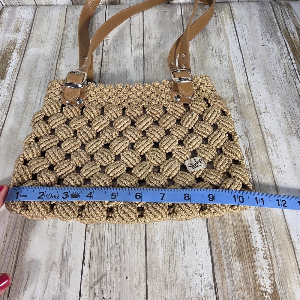 Shirley's Moda Beige Woven Macrame Shoulder Bag Tan Straps Silver Buckles - Picture 4 of 7